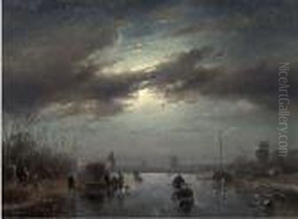 A Moonlit Landscape In Winter With Skaters By A Koek-en-zopie Oil Painting by Charles Henri Leickert