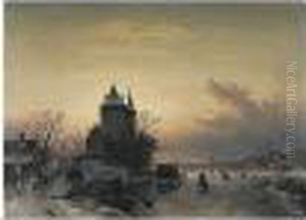 A Winter Landscape With Frozen River Oil Painting by Charles Henri Leickert