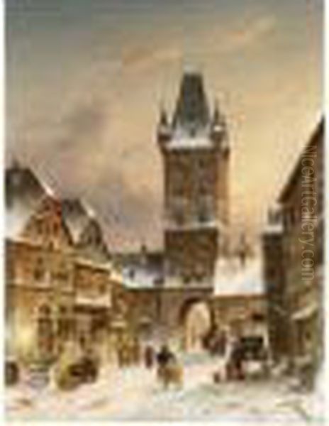 A Townscene In Winter Oil Painting by Charles Henri Leickert