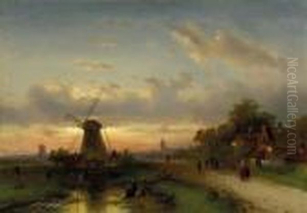 Villagefolk Returning Home At Dusk Oil Painting by Charles Henri Leickert