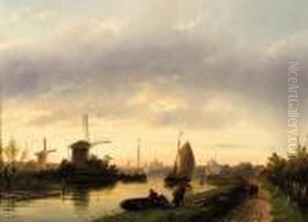 A River Landscape At Dusk, With Haarlem In The Distance Oil Painting by Charles Henri Leickert