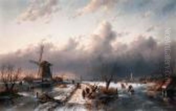 A Winter Landscape With Skaters Oil Painting by Charles Henri Leickert