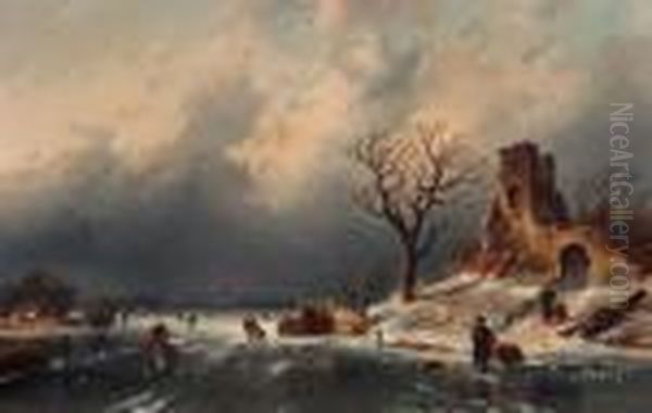 A Frozen Waterway With Figures Skating And A Koek And Zopie Near A Snow-covered Ruin Oil Painting by Charles Henri Leickert