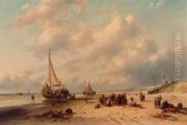 A Sunlit Beach With Bomschuiten And A Fish-auction, Scheveningen Oil Painting by Charles Henri Leickert