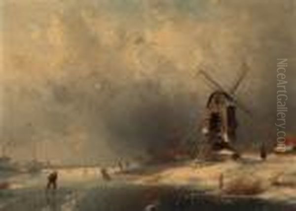 Skaters On The Ice By A Windmill, A Storm Approaching Oil Painting by Charles Henri Leickert