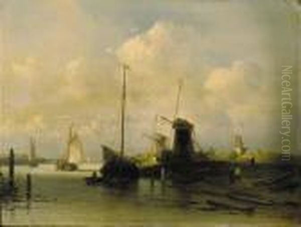 Barges On A Waterway, A Sunlit Churchtower Beyond Oil Painting by Charles Henri Leickert