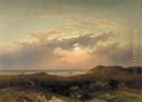 A Coastal Landscape With Villagers In The Dunes Oil Painting by Charles Henri Leickert