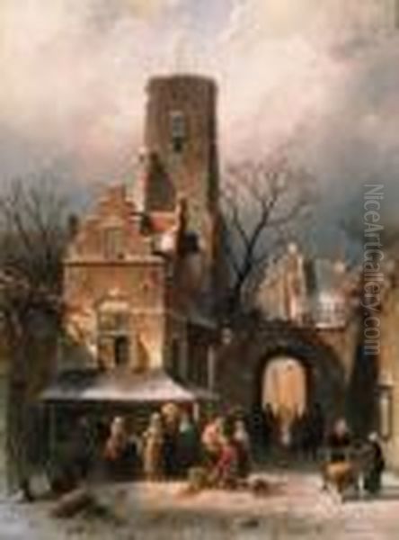 A Busy Market Place In Winter Oil Painting by Charles Henri Leickert