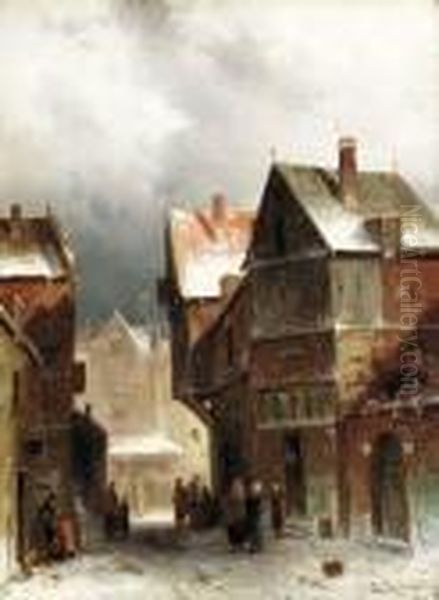 Townsfolk On A Snowy Street
Oil On Panel Oil Painting by Charles Henri Leickert