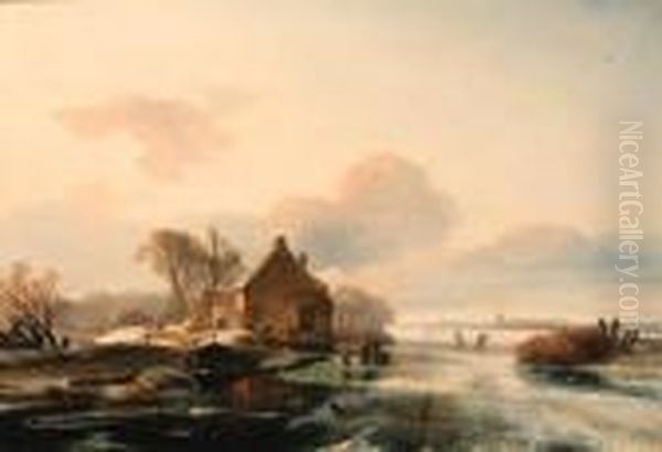 A Winter Landscape With Skaters On A Lake Oil Painting by Charles Henri Leickert