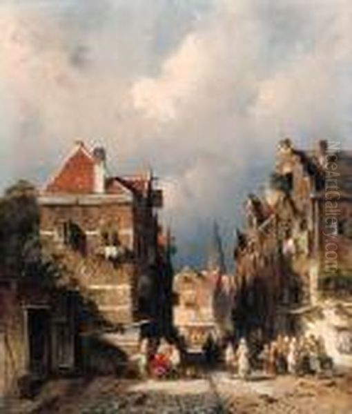 A Dutch Street Scene Oil Painting by Charles Henri Leickert