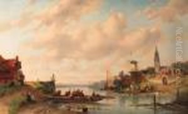 A Sunlit River Landscape With Townsfolk On A Ferry Oil Painting by Charles Henri Leickert