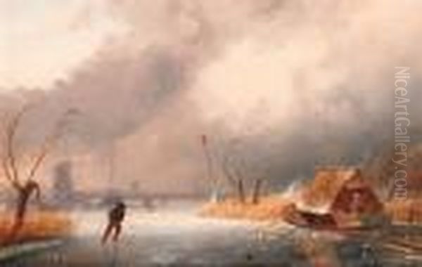 A Winter Landscape With Skaters On A Frozen Waterway Oil Painting by Charles Henri Leickert