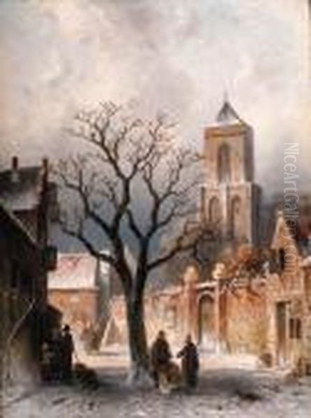 A Village Snow Scene Oil Painting by Charles Henri Leickert