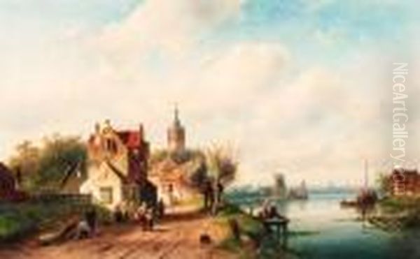 A Village Along A River, A Town In The Distance Oil Painting by Charles Henri Leickert