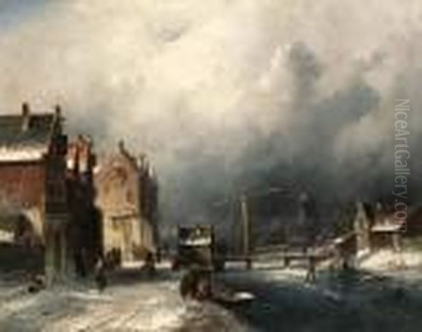 Figures In A Dutch Town By A Frozen Canal Oil Painting by Charles Henri Leickert