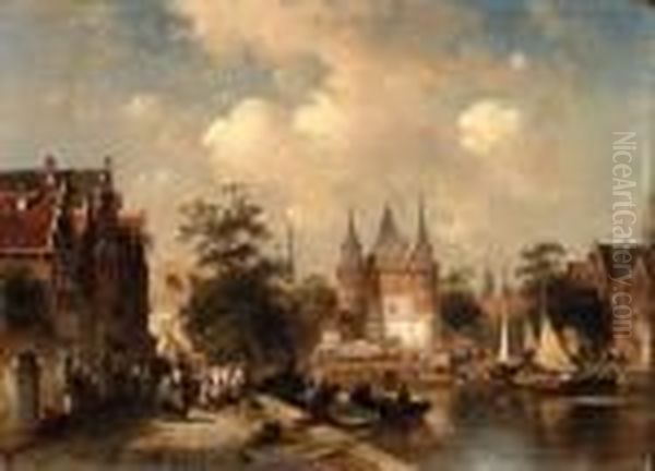 A Street Scene, Amsterdam Oil Painting by Charles Henri Leickert