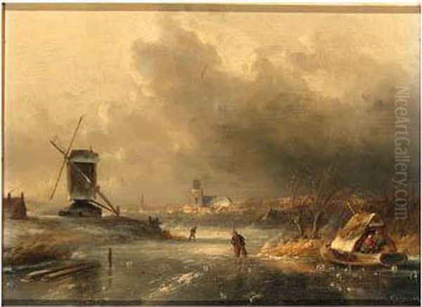 A Winter Landscape With Skaters On A Frozen River Along Awindmill Oil Painting by Charles Henri Leickert