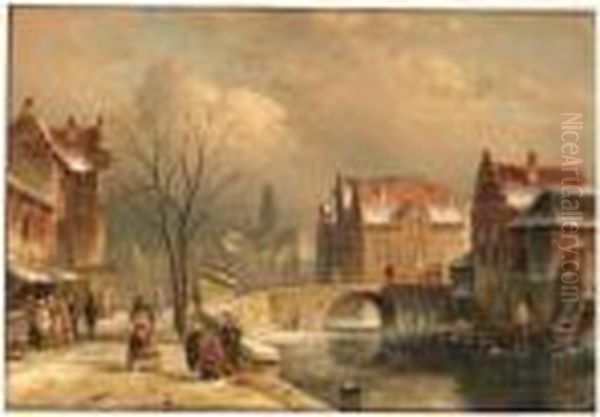 Winter: Villagers On A Snowy Street By A Canal Oil Painting by Charles Henri Leickert