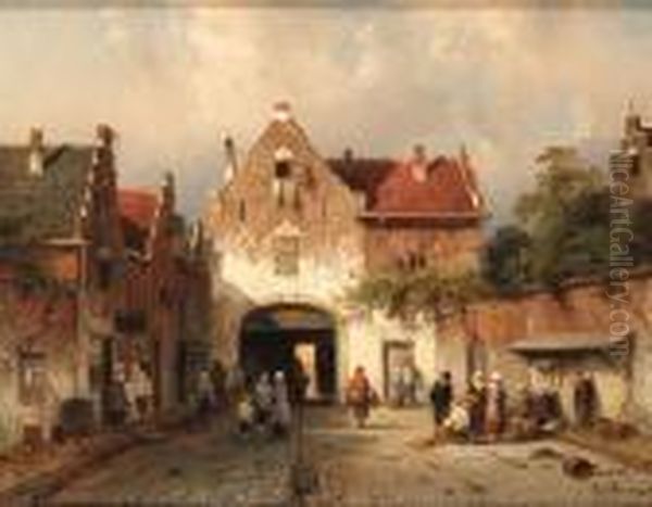 A View In A Town With Numerous Townfolk At A City-gate Oil Painting by Charles Henri Leickert