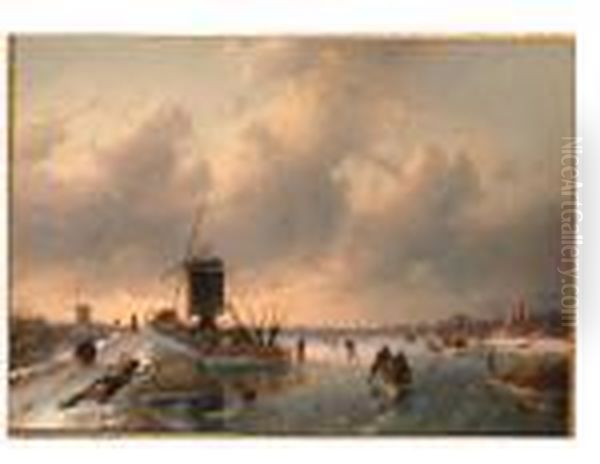 Skaters On A Frozen River By A Windmill At Dusk Oil Painting by Charles Henri Leickert