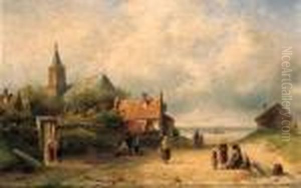 A Coastal Village With Fisherfolk Conversing In Theforeground Oil Painting by Charles Henri Leickert