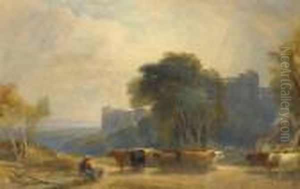 Landscape With Drover And Cattle Before A Castle Oil Painting by William Leighton Leitch