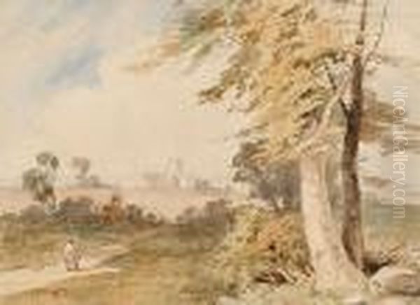 Figures On A Country Lane With A Church Beyond Oil Painting by William Leighton Leitch