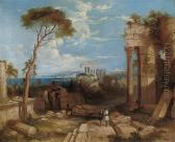 A Classical Coastal Landscape With Ruins And Figures In The Foreground Oil Painting by William Leighton Leitch