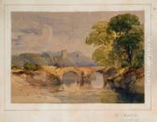 Bridge Over A Quiet River With Mature Trees To Bank And Castle Ruins Beyond Oil Painting by William Leighton Leitch