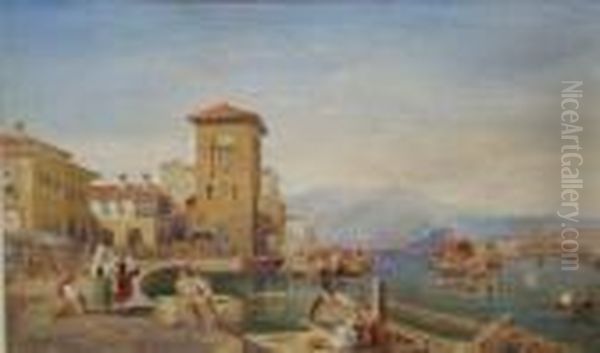 Figures Resting On 'palermo' Quayside On The Island Of Sicily Naples Oil Painting by William Leighton Leitch