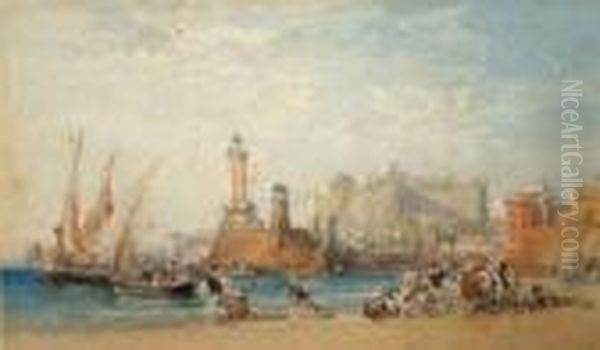 Busy Coastal Scene With Castle Oil Painting by William Leighton Leitch