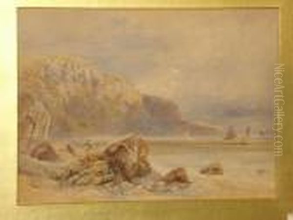 Coastal Scene With Figure On The Shore Andboats, Thought To Be Scotland Oil Painting by William Leighton Leitch