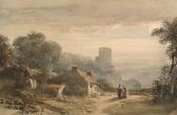 Figures Before A Cottage Looking Out To A Valley Beyond Oil Painting by William Leighton Leitch