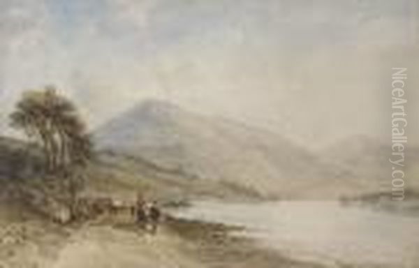 Travellers Walking Alongside A Lake Oil Painting by William Leighton Leitch