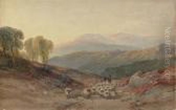 A Shepherd With His Flock At Sunset Oil Painting by William Leighton Leitch