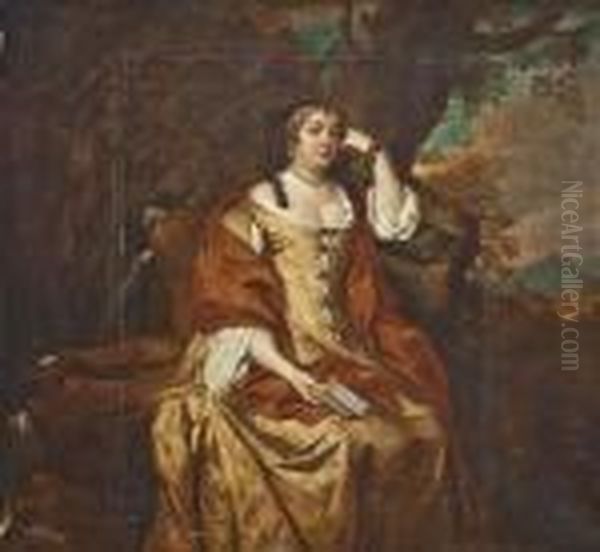 Portrait Of Anne Hyde, Duchess 
Of York (1638-1671), Full-length, In An Ochre Dress And Rust Wrap, 
Holding A Book, Seated In A Landscape, Beside A Waterfall Oil Painting by Sir Peter Lely