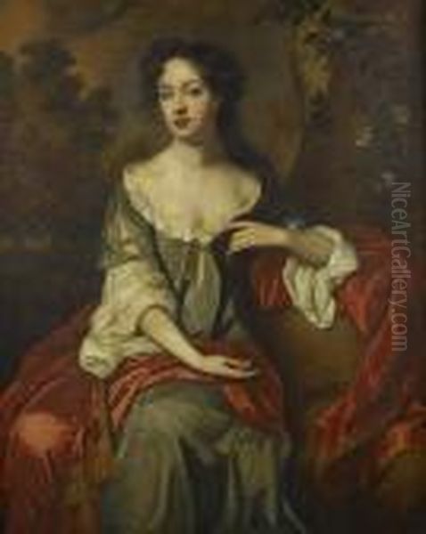 Portrait Of Miss Jane Dering, 
Three-quarter-length, In A Blue Dress And A Red Shawl, Seated Before An 
Open Landscape Oil Painting by Sir Peter Lely