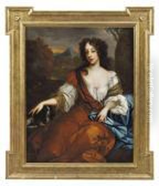 Portrait Of Mary Of Modena, 
Queen Of King James Ii,three-quarter-length, Seated, In An Ochre Dress 
And Blue Wrap, Witha Dog Beside Her, Her Right Hand Resting On A Spaniel Oil Painting by Sir Peter Lely