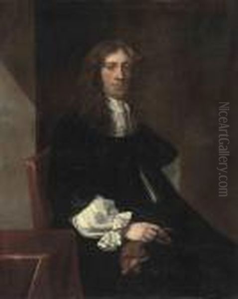 Portrait Of A Gentleman, 
Three-quarter-length, Seated, In A Blackrobes And White Collar, A Glove 
In His Right Hand Oil Painting by Sir Peter Lely