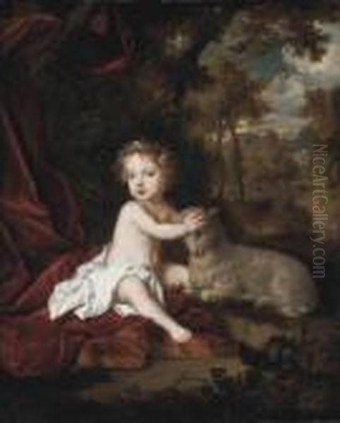 Portrait Of A Girl, Possibly 
Princess Isabella Stuart, Daughter Ofking James Ii, Full-length, With A 
Garland Of Flowers In Her Hair,seated On A Draped Red Velvet Curtain, 
With A Lamb, In A Woodedlandscape Oil Painting by Sir Peter Lely