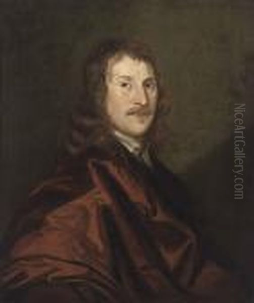 Portrait Of Sir Henry Cholmley Of Newton Grange (1609-1666),bust-length, In A Red Mantle Oil Painting by Sir Peter Lely