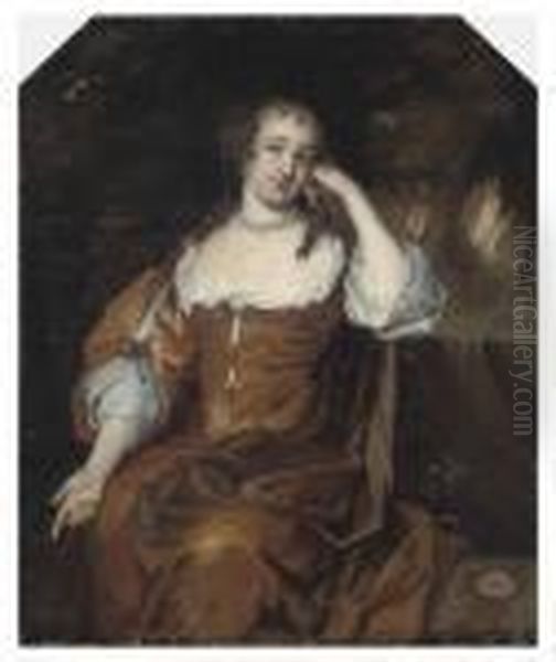 Portrait Of A Lady, 
Three-quater-length, Seated In Rust Coloureddress, Beside A Waterfall, 
In A Landscape Oil Painting by Sir Peter Lely