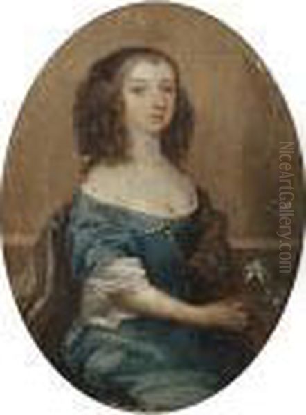 Portrait Of A Lady, Seated, In A Blue Dress Holding A Flower Oil Painting by Sir Peter Lely