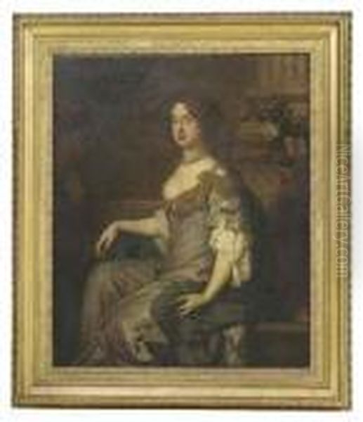 Portrait Of Queen Mary Ii As 
Princess Of Orange, Seatedthree-quarter-length, In A Blue Silk Dress, A 
Vase Of Flowersbehind Oil Painting by Sir Peter Lely