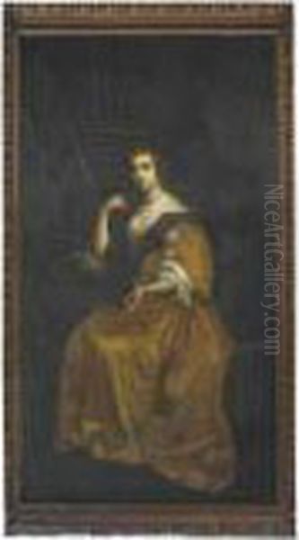 Portrait Of Anne Hyde, Duchess 
Of York, Seated Full-length In Anochre Silk Dress, A Column And Drapery 
Behind Oil Painting by Sir Peter Lely