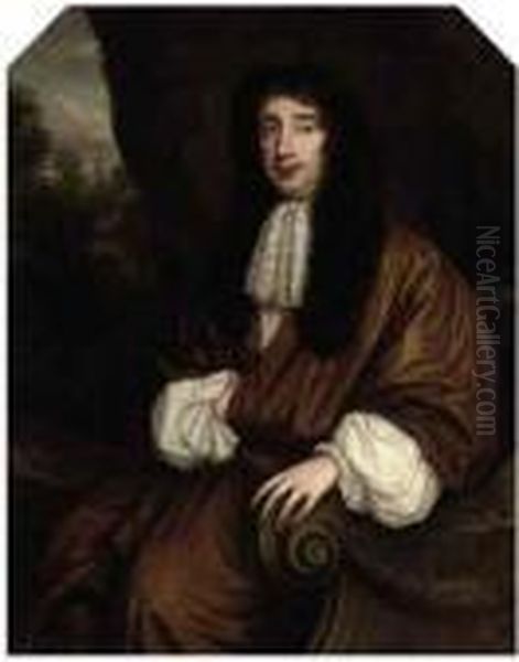 Portrait Of A Gentleman, 
Three-quarter-length, Seated In A Brown Coat And Lace Cravat, A 
Landscape Beyond Oil Painting by Sir Peter Lely