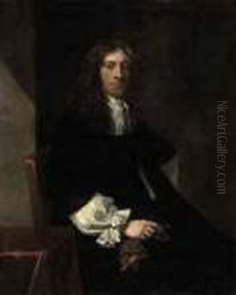 Portrait Of A Gentleman, 
Three-quarter-length, Seated, In A Black Robe And White Collar, Holding A
 Glove Oil Painting by Sir Peter Lely