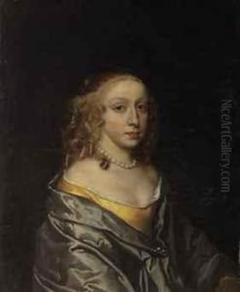 Portrait Of Mary Lee, Wife Of 
Sir John Morley, Half-length, In Ayellow Dress And Blue Mantle, With A 
Pearl Necklace Oil Painting by Sir Peter Lely