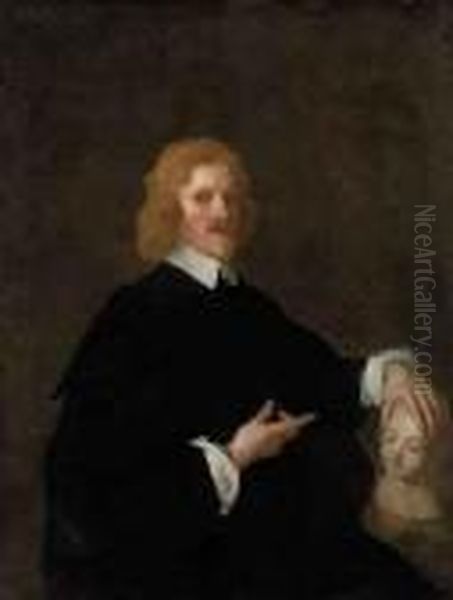 Portrait Of A Gentleman, Three-quarter-length, In Black, With Amarble Bust Oil Painting by Sir Peter Lely